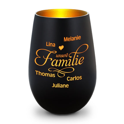 SEO. Deko Windlicht aus Glas mit Gravur - Unsere Familie - Personalisiert mit bis zu fünf Namen - Schwarz - Gold Linkreich