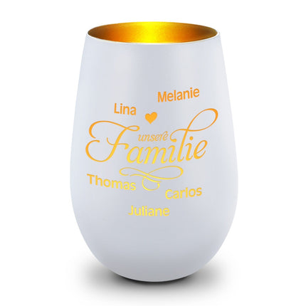 SEO. Deko Windlicht aus Glas mit Gravur - Unsere Familie - Personalisiert mit bis zu fünf Namen - Weiß - Gold Linkreich