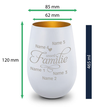 SEO. Deko Windlicht aus Glas mit Gravur - Unsere Familie - Personalisiert mit bis zu fünf Namen - Weiß - Gold Linkreich