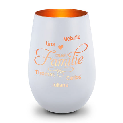 SEO. Deko Windlicht aus Glas mit Gravur - Unsere Familie - Personalisiert mit bis zu fünf Namen - Weiß - Bronze Linkreich