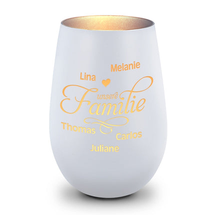 SEO. Deko Windlicht aus Glas mit Gravur - Unsere Familie - Personalisiert mit bis zu fünf Namen - Weiß - Silber Linkreich