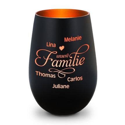 SEO. Deko Windlicht aus Glas mit Gravur - Unsere Familie - Personalisiert mit bis zu fünf Namen - Schwarz - Bronze Linkreich
