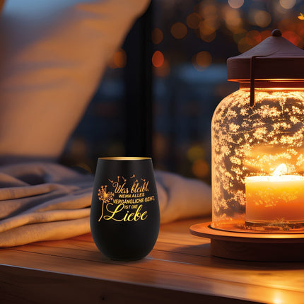 SEO. Deko Windlicht aus Glas mit Gravur - was bleibt, wenn Alles Vergängliche geht - Weiß - Gold Linkreich