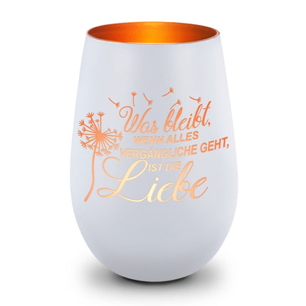 SEO. Deko Windlicht aus Glas mit Gravur - was bleibt, wenn Alles Vergängliche geht - Weiß - Bronze Linkreich