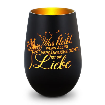 SEO. Deko Windlicht aus Glas mit Gravur - was bleibt, wenn Alles Vergängliche geht - Schwarz - Gold Linkreich