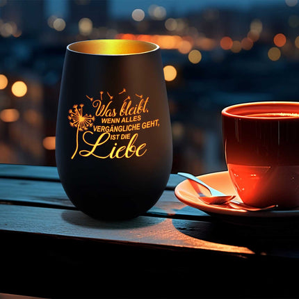 SEO. Deko Windlicht aus Glas mit Gravur - was bleibt, wenn Alles Vergängliche geht - Weiß - Gold Linkreich