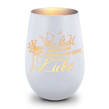 SEO. Deko Windlicht aus Glas mit Gravur - was bleibt, wenn Alles Vergängliche geht - Weiß - Silber Linkreich