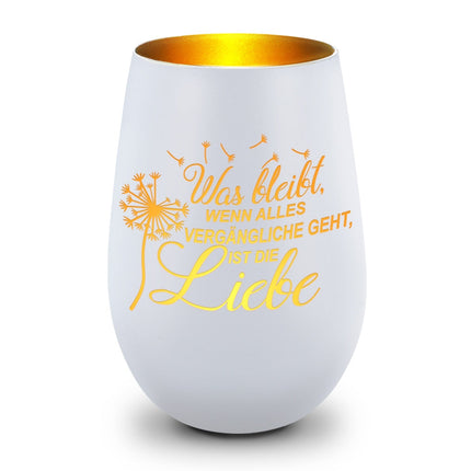 SEO. Deko Windlicht aus Glas mit Gravur - was bleibt, wenn Alles Vergängliche geht - Weiß - Gold Linkreich