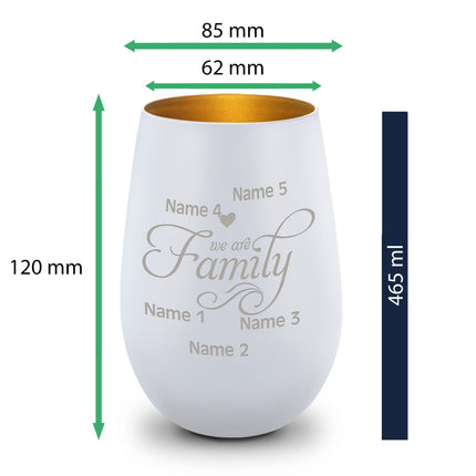 SEO. Deko Windlicht aus Glas mit Gravur - We are Family - Personalisiert mit bis zu fünf Namen - Weiß - Gold Linkreich