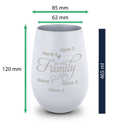 SEO. Deko Windlicht aus Glas mit Gravur - We are Family - Personalisiert mit bis zu fünf Namen - Weiß - Silber Linkreich