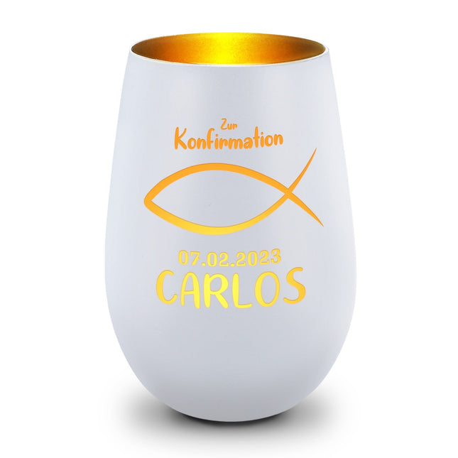 SEO. Deko Windlicht mit Gravur - Fisch Design - Zur Kommunion Konfirmation oder Taufe - Mit Namen & Datum - Weiß - Gold Linkreich