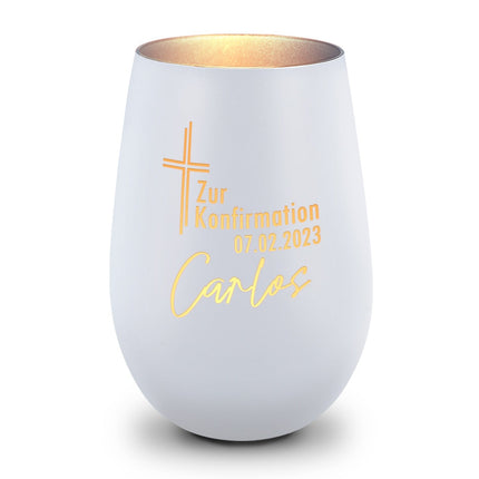 SEO. Deko Windlicht mit Gravur - Kreuz Design - Zur Kommunion Konfirmation oder Taufe - Mit Namen & Datum - Weiß - Silber Linkreich