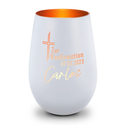 SEO. Deko Windlicht mit Gravur - Kreuz Design - Zur Kommunion Konfirmation oder Taufe - Mit Namen & Datum - Weiß - Bronze Linkreich