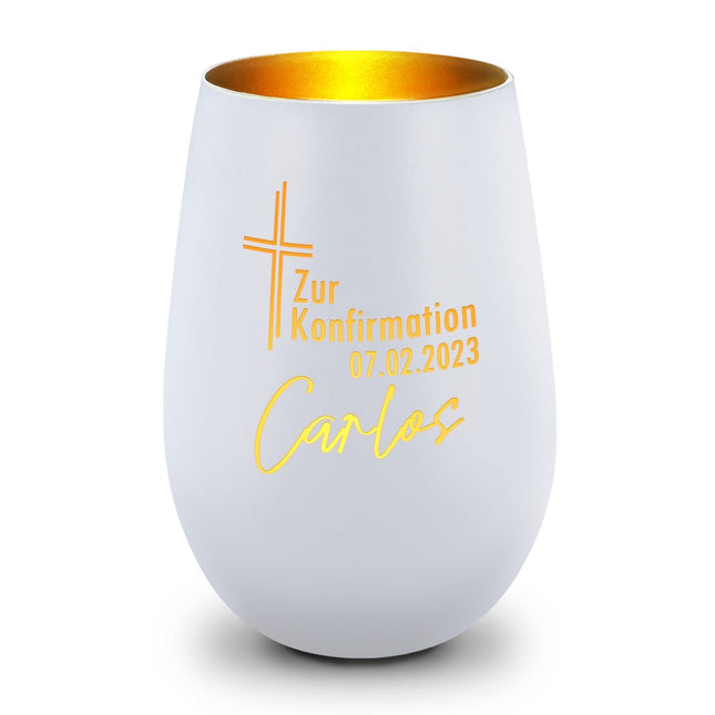 SEO. Deko Windlicht mit Gravur - Kreuz Design - Zur Kommunion Konfirmation oder Taufe - Mit Namen & Datum - Weiß - Gold Linkreich