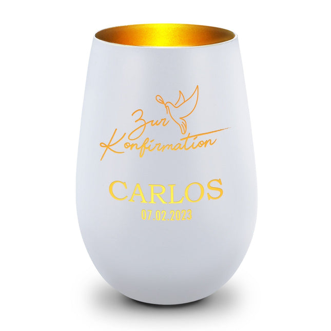 SEO. Deko Windlicht mit Gravur - Taube Design - Zur Kommunion Konfirmation oder Taufe - Mit Namen & Datum - Weiß - Gold Linkreich