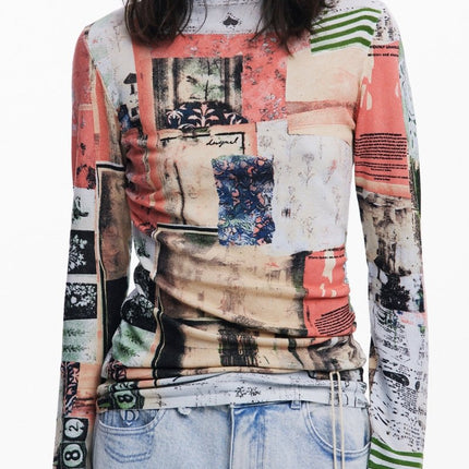 SEO. DESIGUAL Pullover Damen – Rosa gemustertes Langarmshirt mit Rollkragen | soulluna.de - Rosa Linkreich