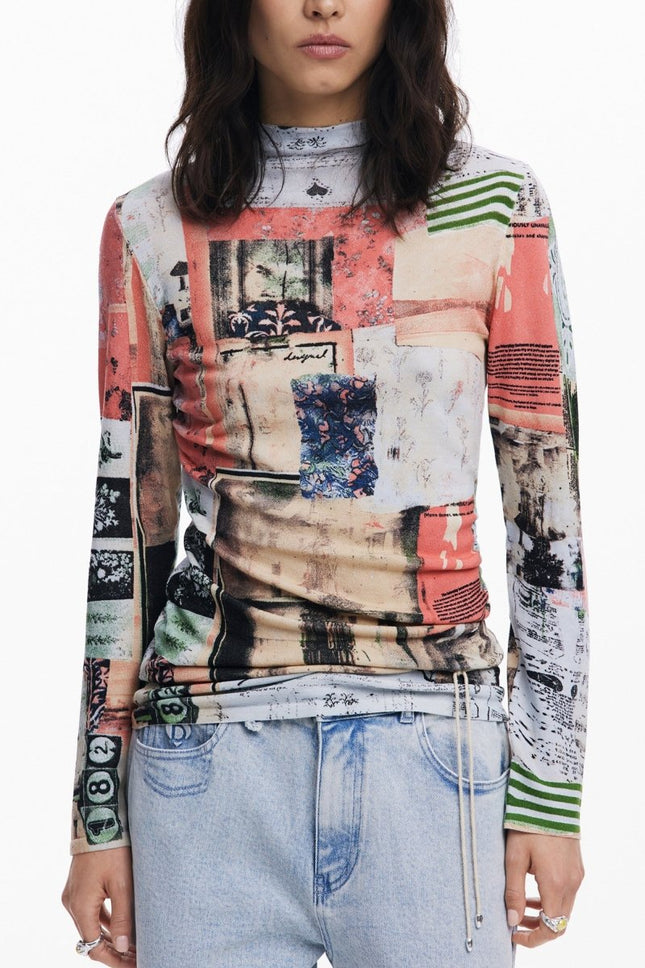 SEO. DESIGUAL Pullover Damen – Rosa gemustertes Langarmshirt mit Rollkragen | soulluna.de - Rosa Linkreich