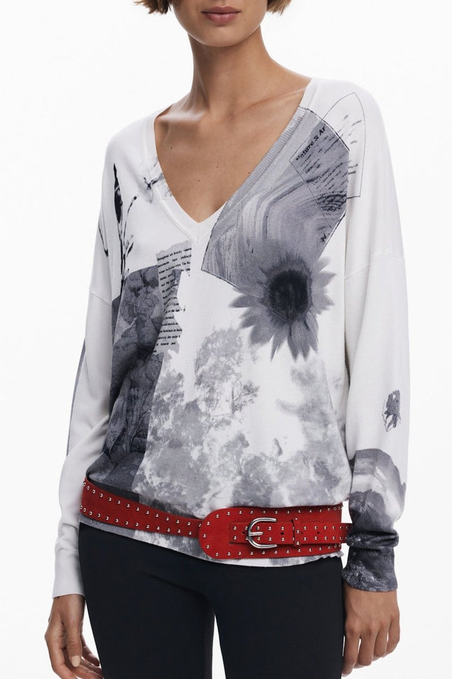 SEO. DESIGUAL Pullover Damen – Weißer V-Ausschnitt Pullover mit Muster für Herbst/Winter - Weiß Linkreich