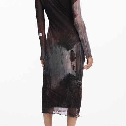 DESIGUAL Damen Kleid Braun Lang – Elegantes Winterkleid mit Rundhalsausschnitt