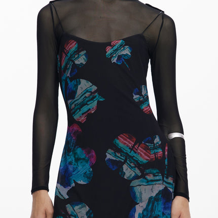 DESIGUAL Langes Schwarzes Damenkleid – Verstellbare Träger & Aquarell-Druck