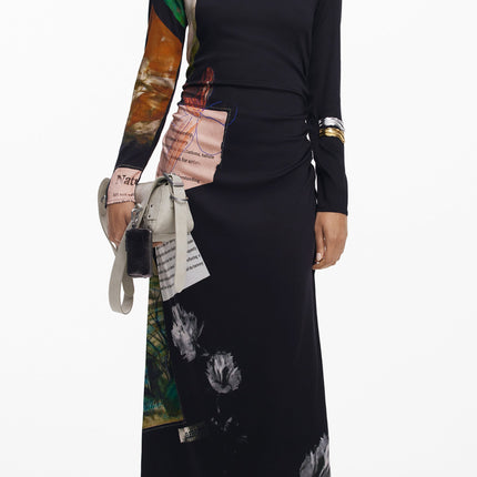 DESIGUAL Langes Schwarzes Damenkleid – Elegantes Abendkleid mit Kontrastdetails