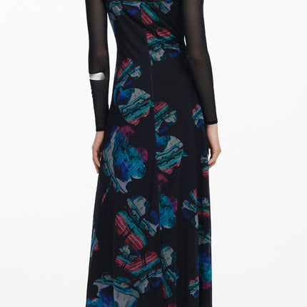 DESIGUAL Langes Schwarzes Damenkleid – Verstellbare Träger & Aquarell-Druck
