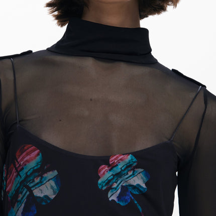DESIGUAL Langes Schwarzes Damenkleid – Verstellbare Träger & Aquarell-Druck