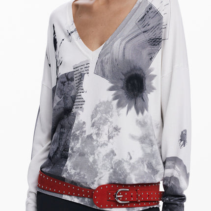 DESIGUAL Pullover Damen – Weißer V-Ausschnitt Pullover mit Muster für Herbst/Winter