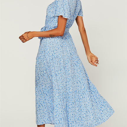 Floral Print Hem Tiered Wrap Midi Dress In Blue