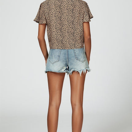 Leopard Print Tie Knot Front Buttoned Crop Top In Beige