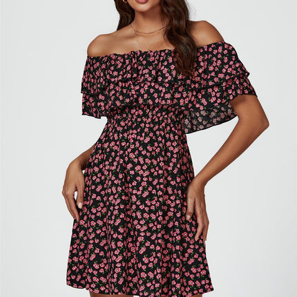 Floral Print Bardot Frill Mini Dress In Black