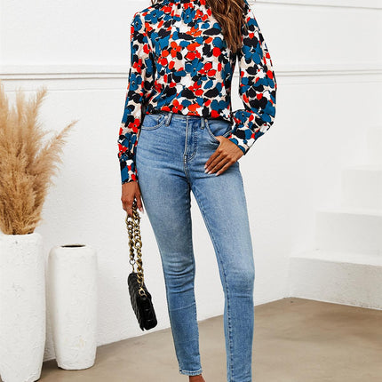 Floral Print Long Sleeve High Neck Top In Blue