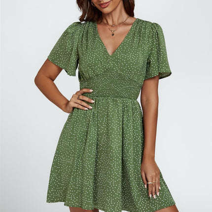 Dot Print Short Sleeve Mini Dress In Green