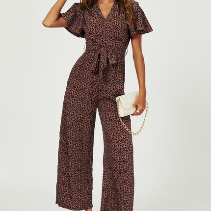 Leopard Print Wrap Top Jumpsuit In Rusty