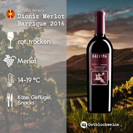 SEO. Dioniz Merlot Barrique 2016 - Rotwein trocken aus Nordmazedonien - Linkreich
