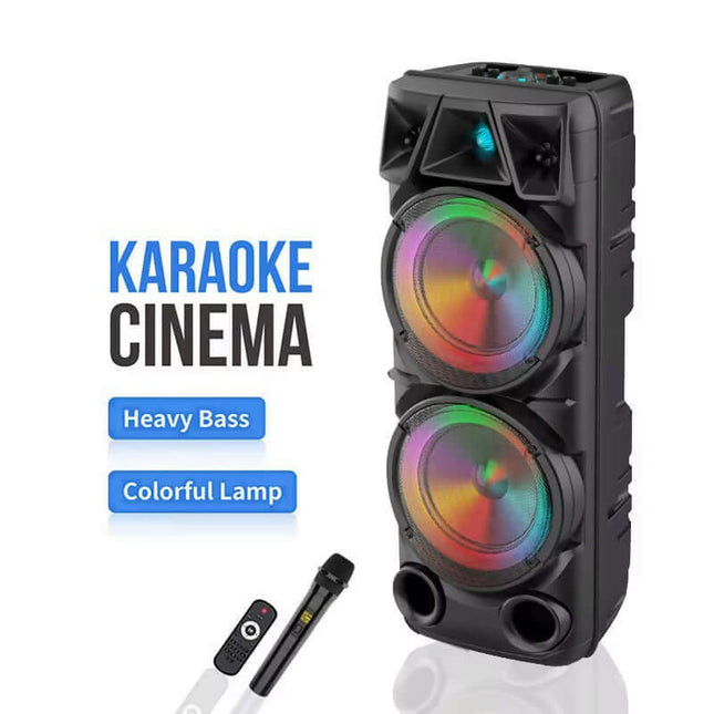 DJ Partybox mit Mikrofon, LED Lichtshow, Bluetooth, 2×8" Subwoofer, Trolley, Akku, USB, FM, Karaoke - Linkreich