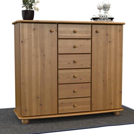 Anika Kommode Bio Kiefer Massivholz | 2-Türig Sideboard mit 6 Schubladen