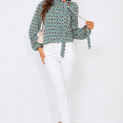 Geo Print Side Tie Blouse Top In Green