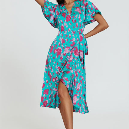 Turquoise & Hot Pink Print Angel Sleeve Wrap Midi Dress
