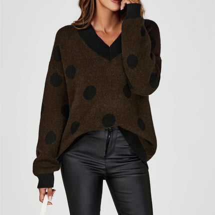 Wool Blended V Neck Jumper In Brown& Black Polka Dot