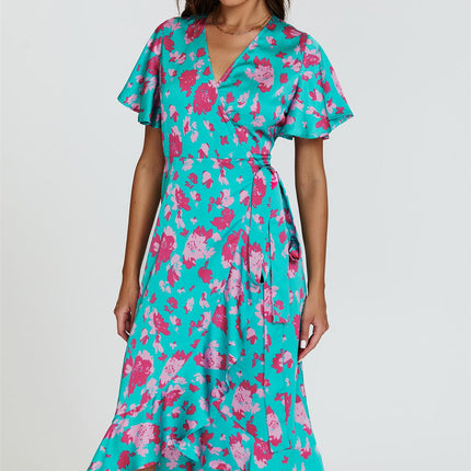 Turquoise & Hot Pink Print Angel Sleeve Wrap Midi Dress