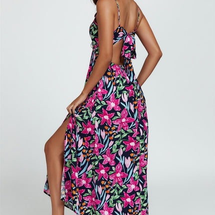 Floral Print Tie Front Maxi Dress In Black