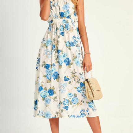 Pretty Flora Print Cross Back Midi Dress In White