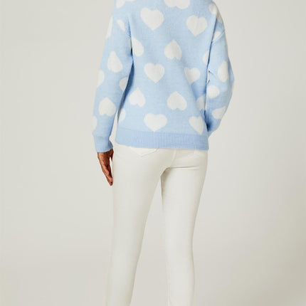 Relaxed Comfy White V Neck Heart Pattern Jumper Top In Baby Blue