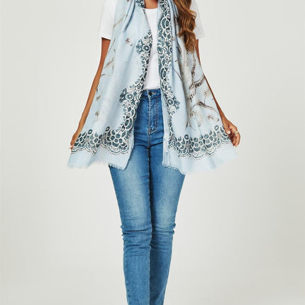 Geometric & Feather & Lace Print Scarf In Blue