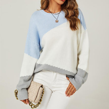 Relaxed Grey & White Block Colour Jumper Top In Blue