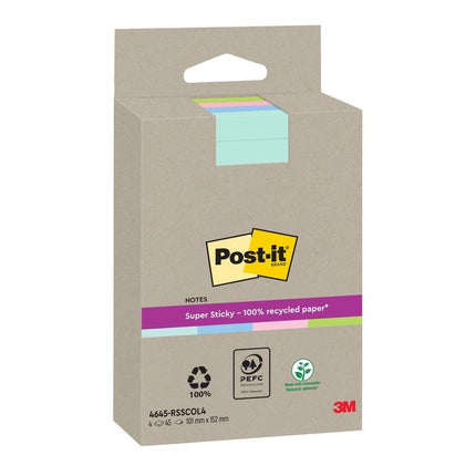 Post-it® Super Sticky 100 % Recycling Notes, Verschiedene Farben, Liniert, 102 mm x 152 mm, 45 Blatt/Block, 4 Blöcke/Packung, 100% PEFC, SGSCH-PEFC-COC-110078 | Packung (1 Stück)