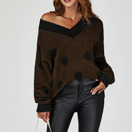 Wool Blended V Neck Jumper In Brown& Black Polka Dot