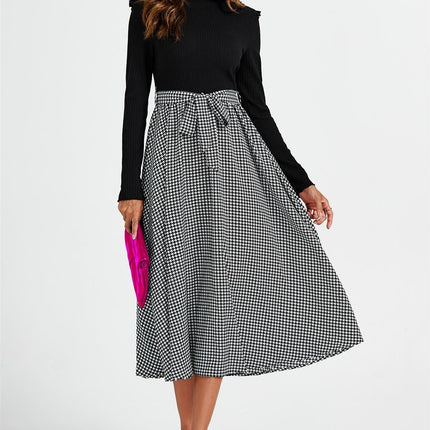 2 In 1 Black & White Houndstooth Printed Midi Dress