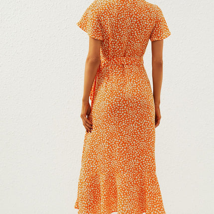 Floral Print Wrap Midi Dress In Orange Yellow